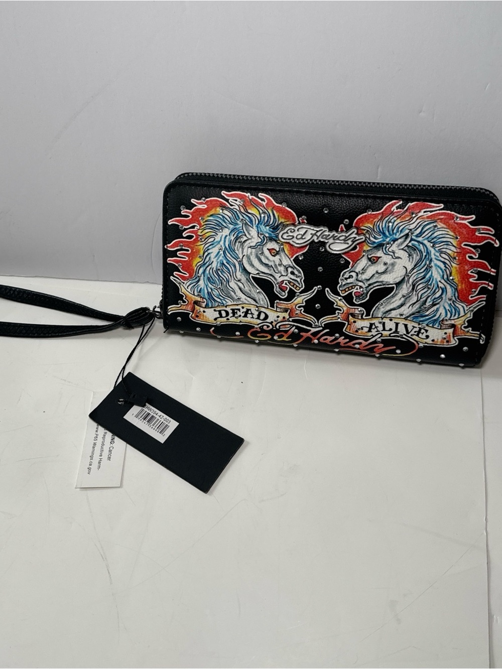 Ed Hardy Dead Alive Horses Zip Around Wallet Wristlet Black Studded New